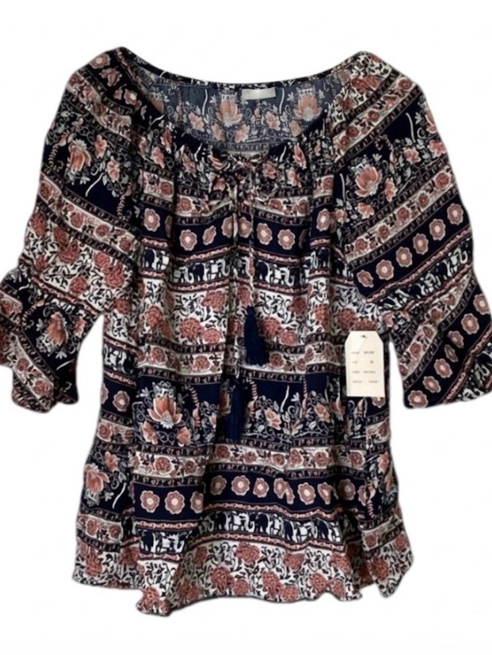 BAILEY & CHLOE Floral Print Peasant Boho Blouse, Women’s M, Navy Coral White